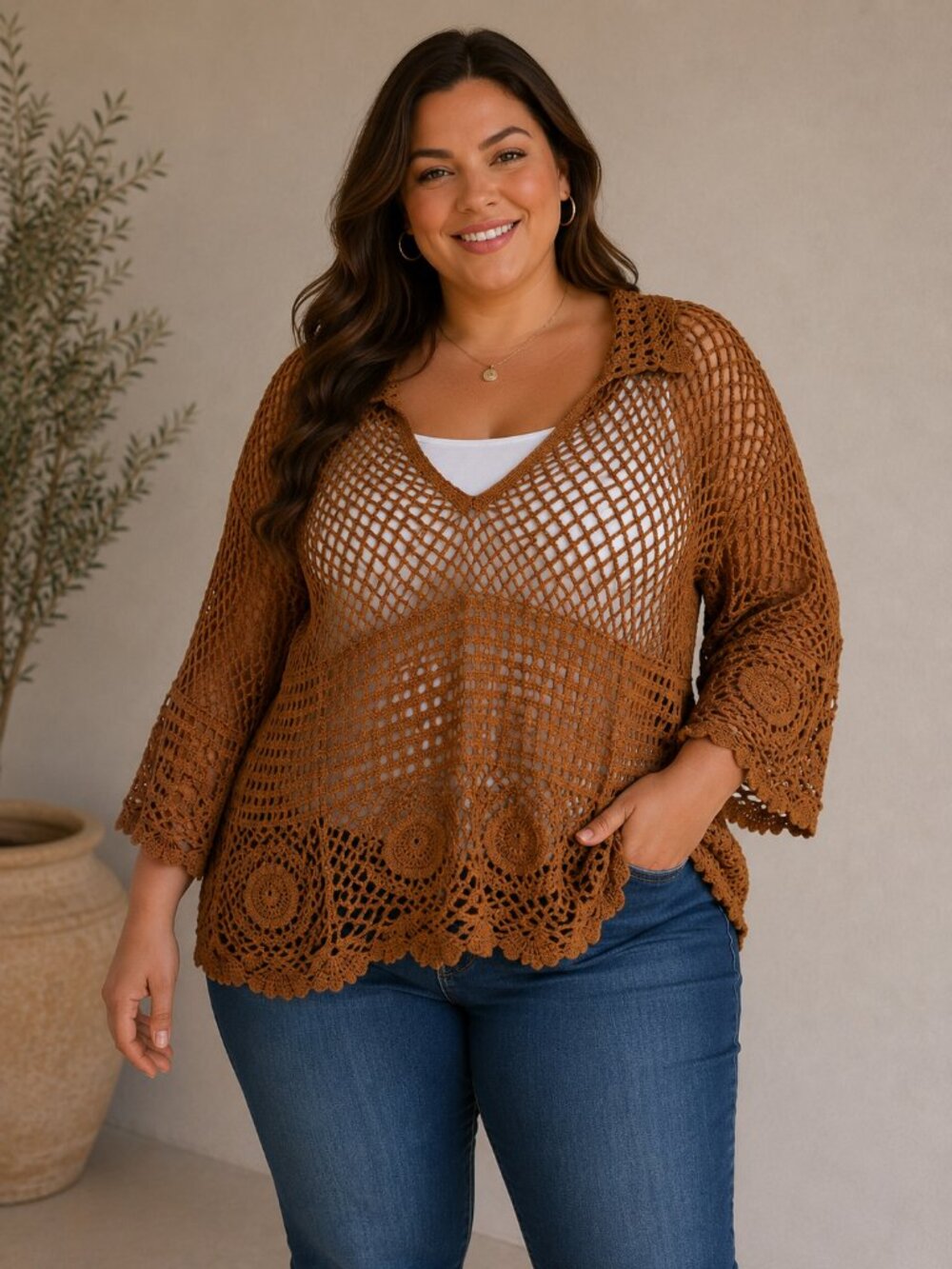 Cato shirt Top Women 18/20W Crochet  Boho festival Bell flare Sleeve Scalloped